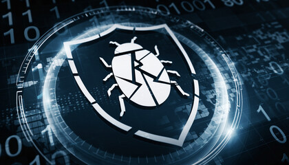 Cybersecurity Shield: Digital representation of a shield featuring a broken bug, conveying cyber security, defense, and data protection concepts in digital space.