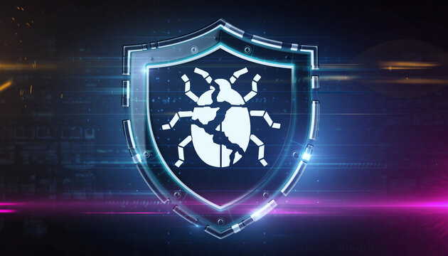 Digital Shield: A stylized shield showcases a cracked globe and a digital bug, illustrating cybersecurity and digital security.