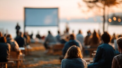 Business people at an outdoor retreat, participating in a workshop with a portable projector screen set against natural backdrops, Leadership, Conference Event, blurred background,. High quality