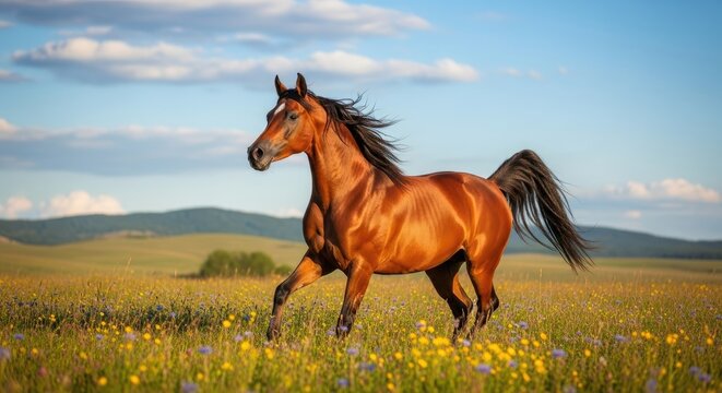 A brown horse galloping through a field of yellow flowers with a blue sky and mountains in the background. - Powered by Adobe