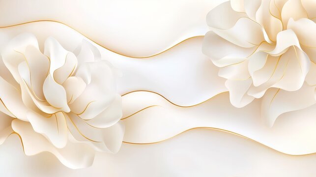 48.Abstract floral wallpaper featuring flowing gold lines tracing the intricate contours of peony petals, blending with soft white and champagne hues, exuding a modern yet classic sophistication