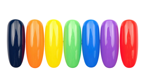 Seven glossy, oblong capsules arranged in a line, showcasing the colors of the rainbow against a black background