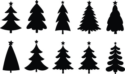 Christmas tree silhouette collection, festive black vector icons, stylized pine shapes with star toppers, seasonal clipart pack, winter holiday graphic design elements