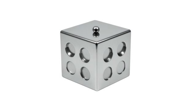 Shiny metal cube with circular indentations and a spherical top accent, against a black backdrop, creating strong contrasts