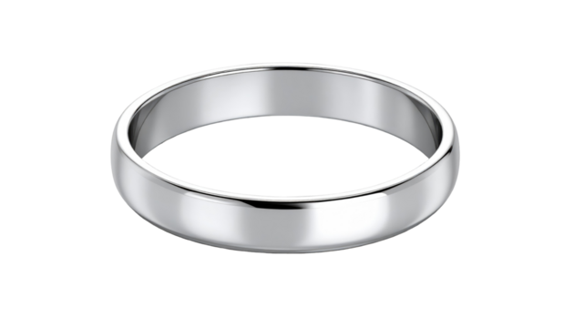 Smooth, silver metal ring, center-framed, glistening softly against a stark, isolated black background
