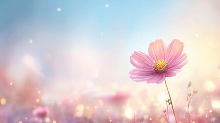 76.Close-up of a single cosmos flower with vivid magenta petals and a golden-yellow center, standing tall against a blurred background of a colorful floral field.