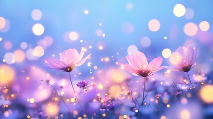 77.A romantic, pastel-hued cosmos flower field under a twilight sky, with fireflies glowing softly amidst the petals, evoking a magical and whimsical atmosphere.