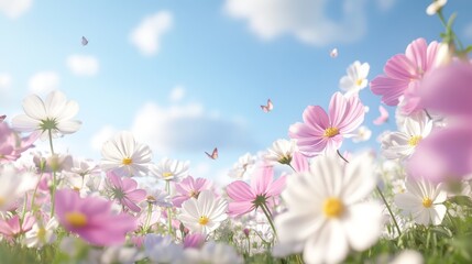 78.A sea of wild cosmos flowers in various shades of pink, white, and purple, forming a natural floral carpet under a bright blue sky, with a few butterflies fluttering gracefully.