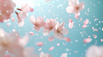 82.Dreamy digital artwork of a spring scene with cherry blossoms in various stages of bloom, scattered petals floating in the air, creating a sense of gentle movement and renewal.