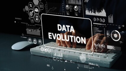 Digital Transformation and Data Evolution Concept with Keyboard and Data Visualization Background. Asymptotic smart data analytic.