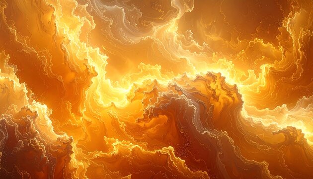 A vibrant, abstract digital art piece showcasing fiery, billowing clouds with glowing yellow and orange tones. The clouds swirl