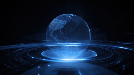 Digital Earth's Core: A luminescent globe floats amid the darkness, encircled by glowing energy rings, representing a digital world.