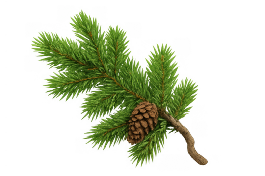Pine branch with green needles and brown pinecone, representing winter holidays and christmas season decor