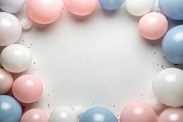Pastel colors balloons on Beige color background, space for text.