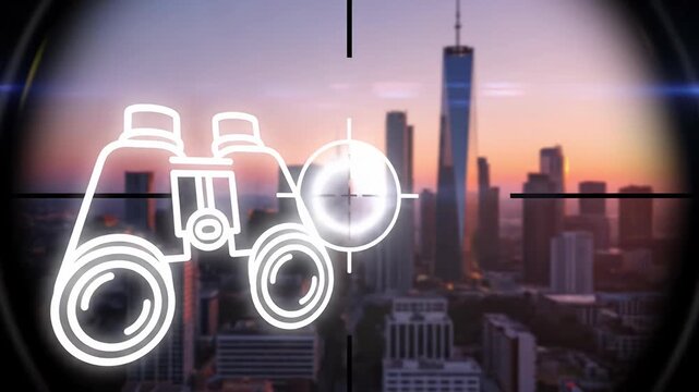 Digital binoculars icon with crosshairs overlayed on a blurred urban cityscape at sunset viewed through a scope with lens flare symbolizing search observation