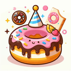 A cartoonstyle donut with pink frosting chocolate drizzle sprinkles a party hat and fruit garnish