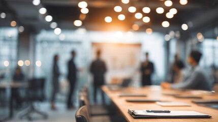 Business people and presentation in boardroom on meeting for planning and conversation as partner Blurred employees teamwork and collaboration with discussion on report for feedback on company
