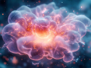 Obraz premium A vibrant, realistic 3D hologram of a complex object floats in mid-air. 