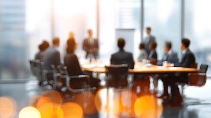 Business people and presentation in boardroom on meeting for planning and conversation as partner Blurred employees teamwork and collaboration with discussion on report for feedback on company