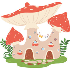 Whimsical Mushroom House With Red Spotted Caps Small Windows And A Clothesline On A Transparent Background