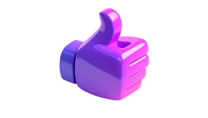 Glossy 3D thumb up render, bright purple to pink gradient, on black. Isolated and stylized for digital platforms