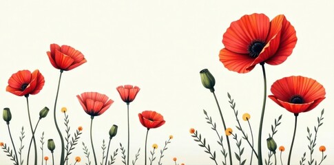 Minimalist poppy flower line art border, continuous line drawing , isolated, floral