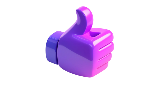 Glossy 3D thumb up render, bright purple to pink gradient, on black. Isolated and stylized for digital platforms