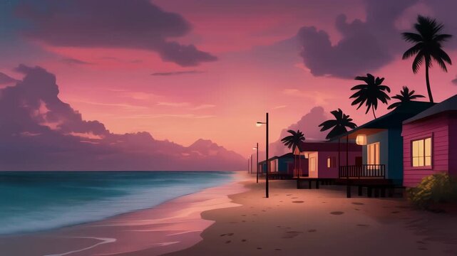 Serene beachscape at sunset, colorful sky, tranquil ocean waves, palm trees and cozy beach houses