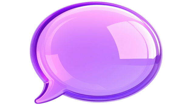 Shiny, semi-transparent, light purple chat bubble with high gloss, isolated on black. 3D render appearance