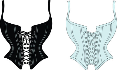 Corset fashion illustration, black and blue lace-up design, structured silhouette, front view sketch, stylish lingerie concept, vector apparel, garment construction detail duo