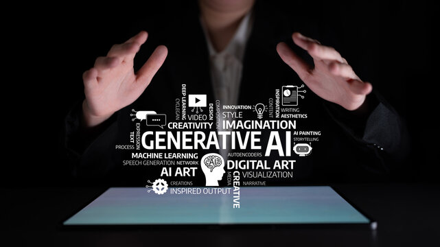 A creative professional interacts with a digital surface featuring inspiring terms related to generative AI and digital art, emphasizing innovation and imagination in technology. Tessel