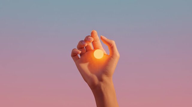 hand holding tiny glowing sun, pastel background, surreal minimal stock photo style