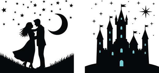 Romantic couple and fantasy castle silhouette with moon and stars, black vector illustration for love, fairy tale, and magical night-themed design and decoration