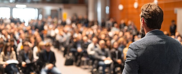 Speaker at Business Conference with Public Presentations. Audience at the conference hall. Entrepreneurship club. Rear view. Panoramic composition. Background blur. High quality