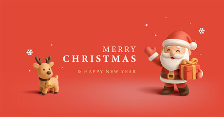 3D fun Santa Claus character with gift in hand and festive deer with bell. Red banner. For Christmas and New Year greeting concepts. Vector illustration.