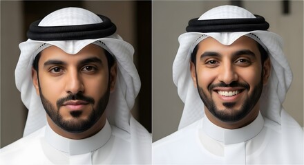 A side-by-side comparison of a young Middle Eastern man wearing traditional white attire and a head covering, showing serious and smiling expressions for a portrait photo