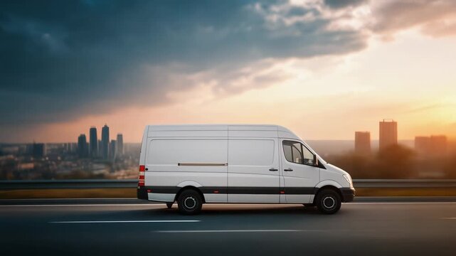 Stylish white delivery van on a scenic highway with dramatic sky and urban background