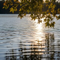 Serene lakeside scene during sunset with overhanging autumn leaves reflecting on the water surface