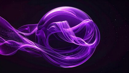 A vibrant purple abstract composition featuring flowing, ribbon-like forms that intertwine and surround a luminous central sphere