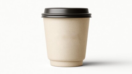 A beige paper coffee cup with a black lid, placed on a white surface with a shadow cast on the ground.