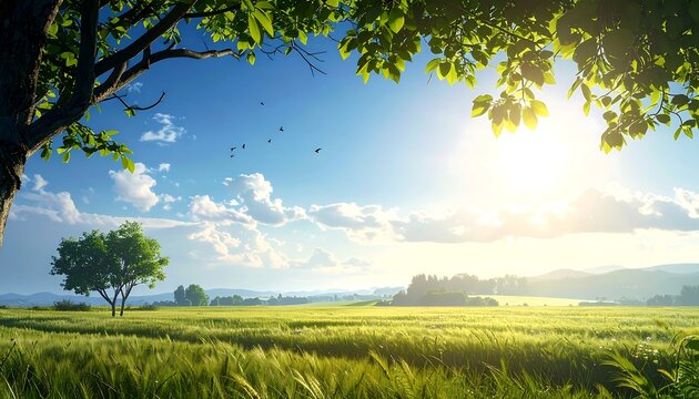 A vibrant scenic view shows a sunlit field with trees framing the scene and a bright blue sky - Powered by Adobe