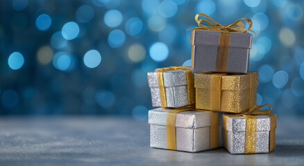Stacked silver and gold gift boxes with bokeh background