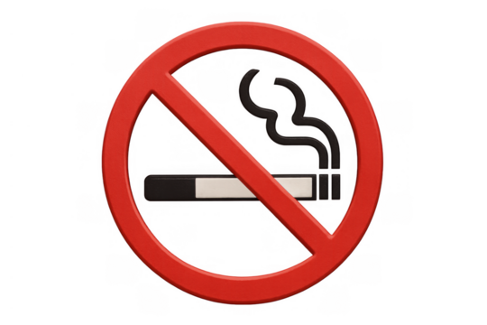 No smoking sign clearly prohibiting cigarette and tobacco use, promoting a smoke-free environment. Transparent background