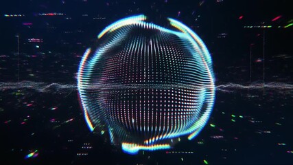 Looped distortion waves on abstract sphere of particles. Digital data splash of spherical point array. Futuristic glitch UI element - Powered by Adobe