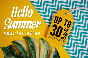 Hello Summer Sale 30% with Price tag and summer decorations on yellow background
