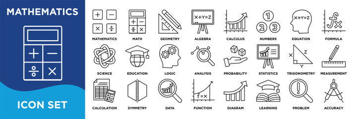 mathematics icon collection set. Containing math, geometry, algebra icon. illustration outline vector.