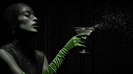 Green Cocktail and Glamour: A striking woman, adorned in shimmering attire and stylish gloves, revels in the elegance of a perfectly mixed cocktail. Capturing the poise and celebration of life.