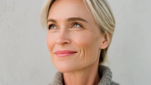 Elegant woman with a thoughtful expression, showcasing beauty and confidence in a minimalist setting