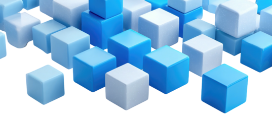 An array of blue and white 3D cubes stacked and angled, bottom-justified on a black background