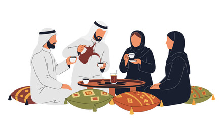 Flat vector illustration of people enjoying Arabic coffee at traditional café with cushions and dallah pot. Solid tones, no gradients, warm Middle Eastern social lifestyle scene